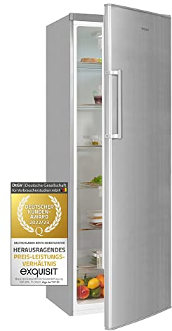 Exquisit Kühlschrank KS350-V-H-040E inoxlook | 331 l Nutzinhalt | Edelstahloptik | Freistehend | LED-Licht | Türanschlag wechselbar | Silber
