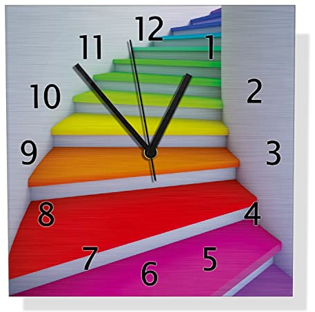 Wallario Design Wanduhr Bunte Treppe aus Aluverbund, Alu-Uhr Größe 30 x 30 cm, Schwarze Zeiger mit Metalloptik
