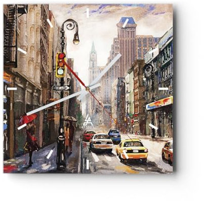 Modern Wanduhr New York Aquarell 40x40cm Quadrat Groß Wand Uhr Glas Analog Zimmeruhren Küche Büro Wohnzimmer Glasuhr Wall Clock Dekoration Design Wanddekoration Küchenuhr C3AC40x40-4590