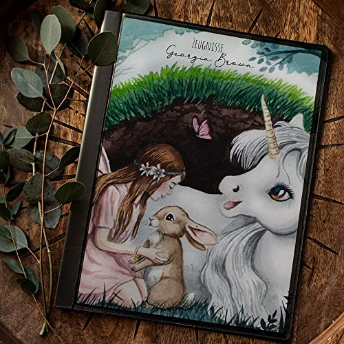 Zeugnismappe 10er 20er Hülle Deckblatt A4 Einhorn mit Elfe personalisierbar Schulanfang Schulanfänger Einschulung Wunschname Name zm28 - ausgewählte Größe: *Zeugnismappe 20 Folien*
