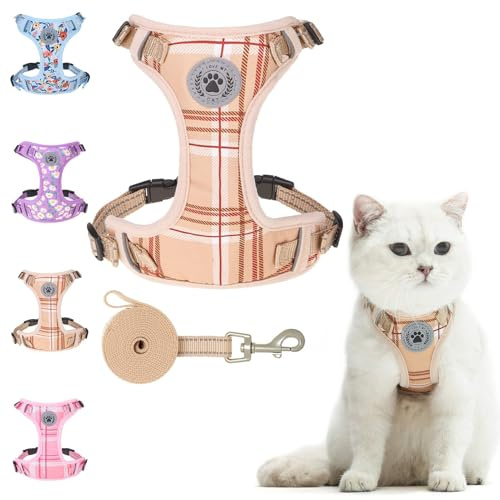 BEAUTYZOO Katzengeschirr und Leine, Set zum Spazierengehen, ausbruchsicher, verstellbares Geschirr für Kätzchen, Welpen, kleine, kleines Katzengeschirr für Katzen, Jungen und Mädchen | Sichere reflektierende Streifen, weiches, atmungsaktives Netzgewebe, 152 cm, leicht für Outdoor-Reisen, kariert, Größe M