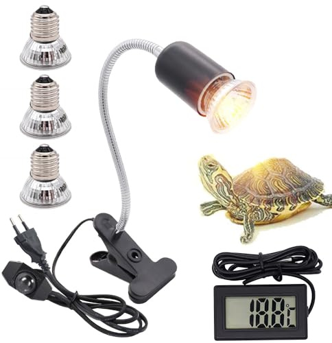 Lotvic Lampada Riscaldante per Tartarughe, Lampada Rettile e Anfibio con 3 Lampadine, e 1 Termometro per Rettile, Morsetto Girevole a 360 ° per Tartaruga, Serpente, Lucertola (Nero)