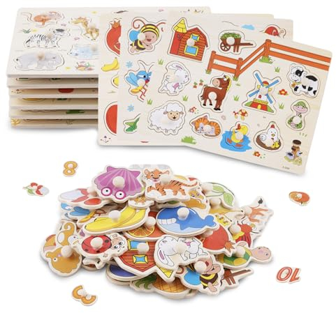 HOMCENT Holzpuzzle für Kleinkinder 6 teiliges Montessori Kleinkind Puzzle Set Steckpuzzle Pädagogisches Lernspielzeug für Kinder
