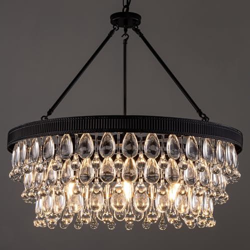 TOCHIC Crystal Chandeliers, 6-Light 3 Tiers Black Crystal Chandelier Light, Modern Farmhouse Luxury Light Fixture for Bedroom, Dining Room, Kitchen Island, Living Room, Entryway, 28