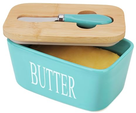 Chase Chic Mantequillera de Cerámica de 500 ml con Cortador de Mantequilla y Tapa de Bambú, Junta de Silicona Extraíble, Mantequera de, Azul Claro