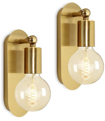 2 Pack Industrial Wall Lights, E27 Vintage Adjustable Indoor Metal Wall Lamp, Gold Wall Sconce for Bedroom, Bedside Wall Light, Rotatable Wall Spotlights, Bathroom Mirror Vanity Light, No Bulb