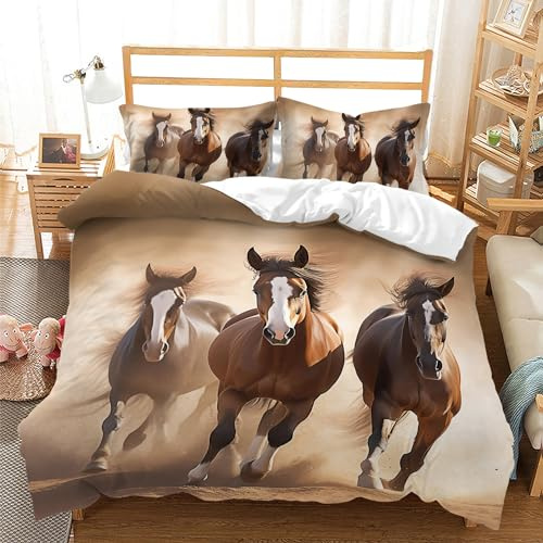 AILONEN Horse Duvet Cover Set Full Size, Galloping Horse Comforter Cover Set for Kids Teen Boys Girls,3 Pieces Bedding 3D Printed Quilt Cover and 2 Pillowcases