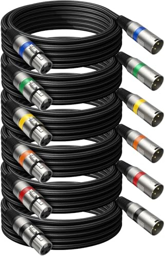 Heams Professional 6 Pack 25FT XLR Cables, Noise Free and Long-Lasting Braided XLR Microphone Cable, All Copper Conductors Balanced Male to Female Mic Cable for Studio Monitor, Mixer, DMX, Colorful