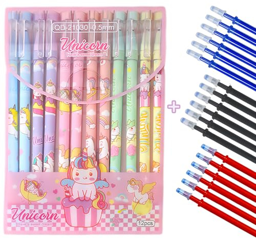 duoleey Radierbarer Kugelschreiber Blau 12 Stück mit 18 Nachfüllungen, 0.5mm GelstifteTintenroller Radierstift Schulsachen Geschenk für Mädchen Studenten