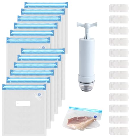 Vakuumbeutel, 12 Stück Vacuum Storage Bags Beutel, 30 x 40 cm wiederverwendbare Vakuum Beutel Reißverschluss Sous Vide Beutel mit Pumpe & 12 Verschlussklammern zur Aufbewahrung von Lebensmitteln