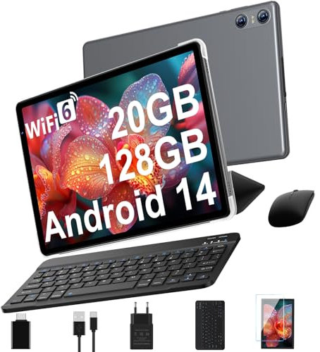 Tablette Android 14 avec 5G Wi-Fi 6, 20 GO RAM+128 GO ROM (Extensible Jusqu'à 1 To), Tablette Tactile avec Widevine L1, 8 Cœurs, 5MP+8MP, Tablette 10 Pouces avec Clavier+Souris et Cas, Gris Espace