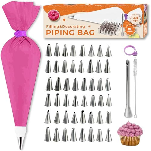 KneadEat Piping Bag and Tips set Premium - 48 Tips, 5.5 Needle, Rubber Band, Coupler, Cleaning Brush. Decorating Tools - Durable, Reusable Pastry Bags for Cake & Cupcake Decoration