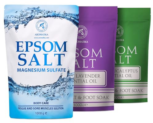 Sal de baño de Epsom Set 3х1000 g - Sal de Baño de Epsom - Sal de Baño con Aceite Esencial de Eucalipto & de Lavanda - Sulfato de Magnesio Concentrado - Sales de Baño - Cuidado de Piel - Relajantes