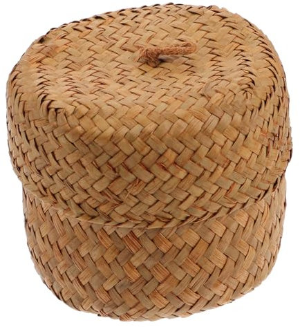 SHOWERORO Handmade Mini Woven Flower Basket Lid Yellow 12cm x 9cm Seagrass Storage Box Sundries Container for Home Decor