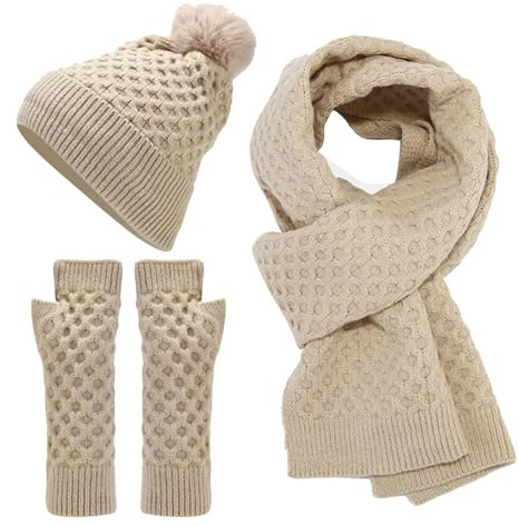 TianWlio Femme Hiver Ensemble Bonnet Echarpe Gants Tricotés Snood Épais et Chaud Chapeau Écran Tactile Mitaines Élastique Classique Unisexe Thermique Cache-Cou Cadeau pour Ski Accessoires d'hiver