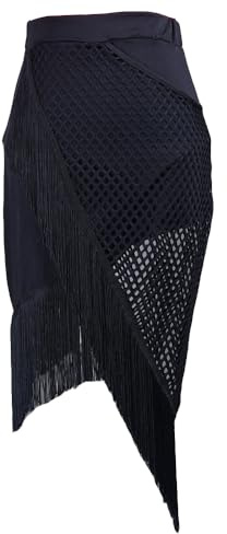 Damen Midirock Latein Tänze Tango Chacha Salsa Samba Rumba Fransen-Übungsrock Mesh-Spleißen Tanzrock Schräge Fransen Hüfttuch-Wickelrock mit Shorts