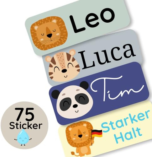 Petite Print® Namensaufkleber Kinder für Kleidung & Gegenstände (75 Stück) – Schule & Kita – personalisierte Namensschilder für Kleidung, waschmaschinenfest & wasserfest (Animal Faces – Whale Blue)