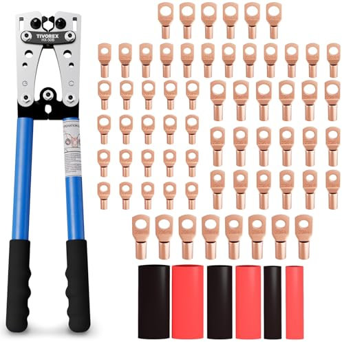 Tivorex Battery Cable Lug Crimping Tool Kit for AWG 8-1/0 Electrical Lug Crimper with 64pcs Ring Terminals and 110pcs Heat Shrink Tubing
