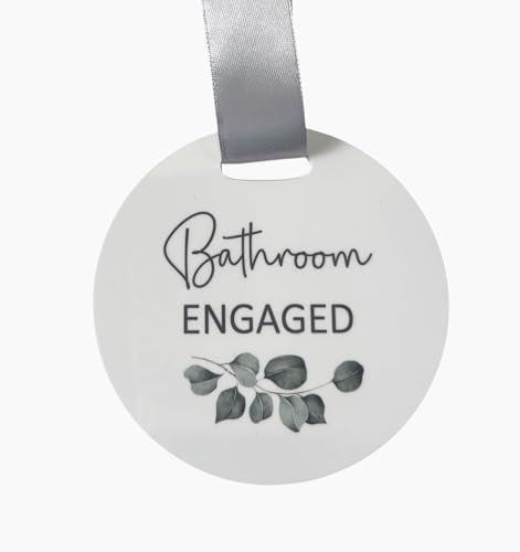 Bathroom Engaged Vacant Hanging Door Sign with Grey Satin Ribbon - Eucalyptus Design