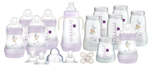 MAM Easy Start Anti-Colic Bottle Starter Set | 17 Pieces | Includes 6X Bottles and MAM Original Start 0-2 Month Soother | Baby Gift Set of Newborn Essentials | Large | Lilac (Various Designs)