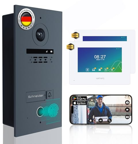 MATHFEL 2 Draht Video Fingerprint Türsprechanlage 1-Familienhaus Full HD 1080p mit 2 Jahren Garantie wetterfest - 2-Draht-Bus-Installation - 170° Kamera, 2X 7-Zoll WLAN-Monitor mit Gegensprechanlage