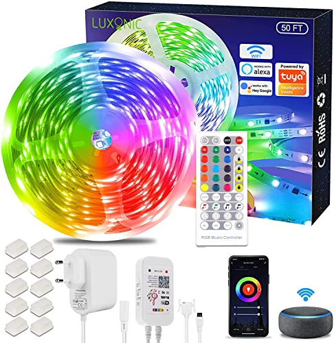 LUXONIC WiFi LED Streifen, RGB 15 m, Synchronisierung mit Musikrhythmus, LED-Stirnband für Schlafzimmer, Bar, Küche, Hochzeit, Party