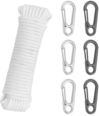Flag Pole Rope – 16M Heavy Duty Nylon Flagpole Rope with 6 Clips, Double Braided White Halyard Line for Garden Flagpoles, Sailboat, Camping, Outdoor Use, Strong Weather-Resistant Flag Pole Rope Kit