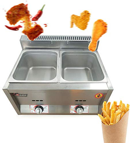 MJMLUCK Friteuse Professionnelle à gaz de 12 litres, Double cuve, en Acier Inoxydable, Haute capacité, pour comptoir de Cuisine, pour Restaurants, supermarchés, Fast-Foods
