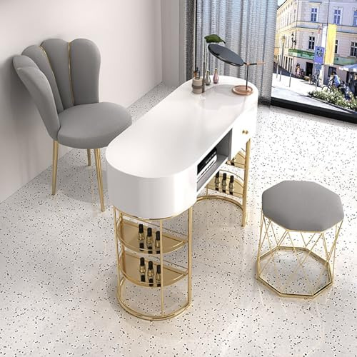 Tavolo da lavoro per unghie, scrivania professionale per manicure con piano in vetro e armadietto aperto per salone di bellezza, stazione di rifornimento per nail art a doppio strato (sedile e