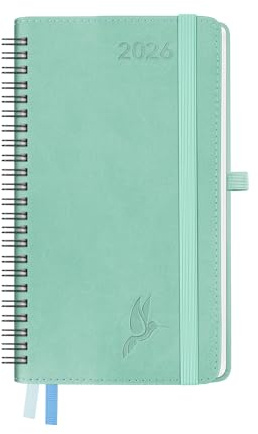 FEKSINO Taschenkalender 2026 Klein Ringbuch 18 x 9,8 cm | Kalender Terminplaner 2026 Wochenplaner 1 Woche 2 Seiten,12-Monate(Jan.-Dez.) mit PU-Leder Softcover, Grün