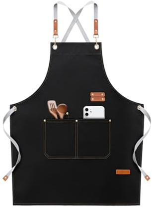 VOWOBEST Delantal de Cocina Cruzado para Hombre y Mujer - Ajustable con Bolsillos Grandes - Ideal para BBQ, Peluquería, Costura y Trabajo