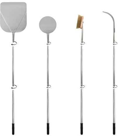 Giemme Set 4 Pale per Pizza Regolabile con Palino, Spazzola e Spargibrace – Manico Smontabile Fino a 130 cm – Acciaio Inox per Forno a Legna ed Elettrico