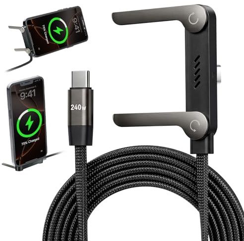 2-in-1 Invisible Holder Charger Cable with Stand, 5ft Nylon Braided USB C to USB C Cable, 240w Fast Charging Stand Data Cables, Sideways Phone Charger for iPhone 17 16 15 Pro Max Samsung S25 24 Ultra
