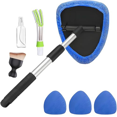 FENGfxcgs 8pcs Car Windscreen Cleaner Tool, 180° Rotating Head Extendable Car Window Cleaner Kit with 4 Reusable Microfiber Pads 1 Spray Bottle 2 Detailing Brush Cars Interior Cleaning Kits