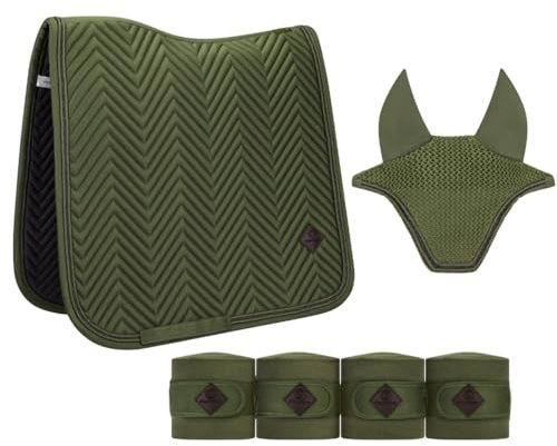 Equimour Dressur Schabracke Set Classic Sage – 3-teilig mit Bandagen | Mit passender Fliegenhaube – atmungsaktiv, rutschfest und elegant für Training und Turnier