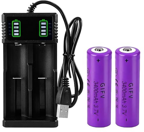 Dhqkqg Rechargeable Battery Charger, with 2 Pack 3.7V 3400mAh Pointed Batteries, USB 2 Slot Chargers with LCD Display Smart for Flashlight, Small Fan, Radio