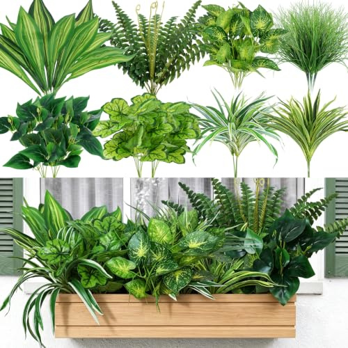 ADORAMOUR 18PCS Artificial Greenery Plants Outdoor - 8 Varieties UV Resistant Fake Tropical Plants Faux Stems Bushes Ferns Foliage for Indoor Outside Patio Garden Front Porch Planter Window Decor
