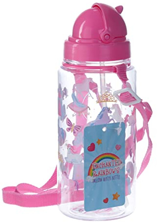 Puckator Enchanted Rainbows Unicorn - Kids Drinks Bottle with Straw - Reusable Water Bottle for Girls and Boys with an Attached Long Strap - Bpa Free - for School Nursery - Cute Design - Pp 450ml