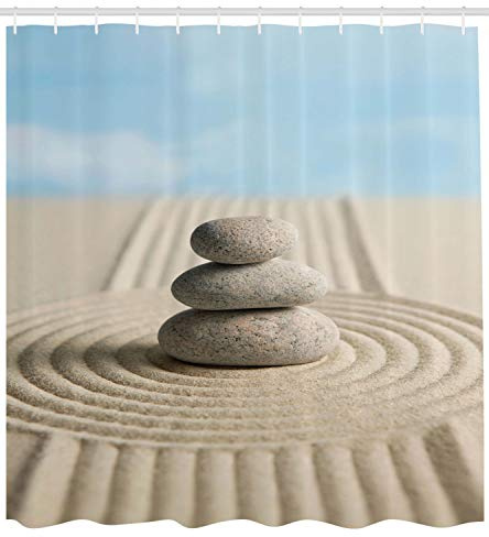 Ambesonne Rock Shower Curtain, Bundle of Stones Centered in Raked Sand Clear Sky, Cloth Fabric Bathroom Decor Set with Hooks, 69 W x 70 L, Pale Blue Grey Yellow