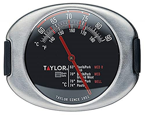 Taylor Pro, Fleischthermometer, das beim Garen im Fleisch Belassen Werden Kann, Ofenfestes Temperaturmessgerät mit Sonde für die Küche, Ideal für Fleisch-, Fisch- und Grillgerichte, Edelstahl