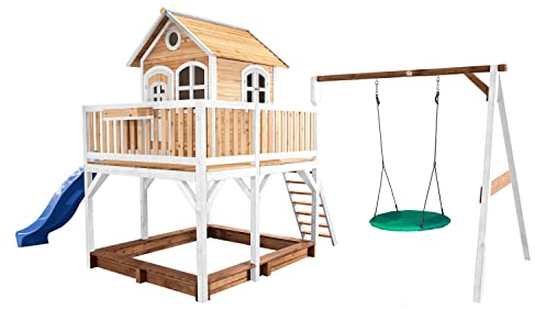 AXI Liam Maison Enfant avec Bac à Sable, Balançoire Nid d’Oiseau Vert & Toboggan Bleu | Aire de Jeux pour l'extérieur en Marron & Blanc | Maisonnette/Cabane de Jeu en Bois FSC