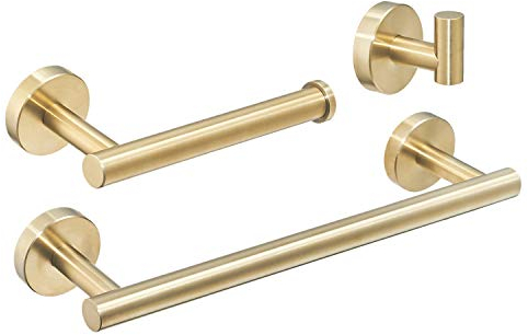 Beelee 3 Piezas Juego de Accesorios de baño, Acero Inoxidable, 12 Toallero de Barra Portarrollo de Papel Higiénico Gancho, Montaje en Pared, Oro Cepillado, BA19500SET-3BG