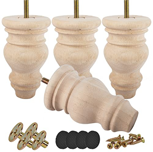 Btowin Lot de 4 pieds de meubles en bois massif brut de 12,7 cm avec boulons de suspension filetés de 1,6 cm, plaque de montage et vis pour canapé, chaise, armoire ottomane