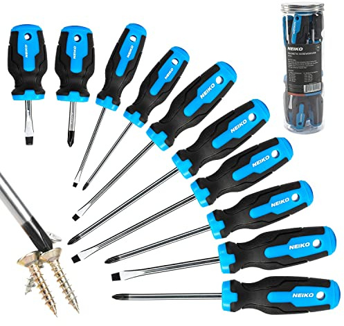 NEIKO 01378A Magnetic Screwdriver Set | 10 Piece | Phillips & Flathead | Heat Treated Chrome Vanadium Steel | Slotted Head Tip with Non-Slip Cushioned Handle Grips | Small Screw Driver Tool Kit