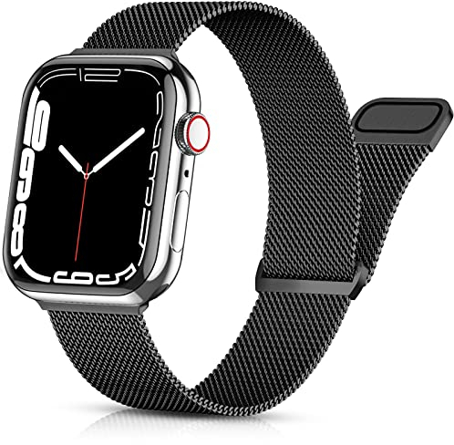 PIOWNN Métal Bracelet Compatible avec Apple Watch Bracelet 44mm 42mm 45mm 49mm pour Femme Homme, Maille Acier Inoxydable Bracelet avec pour iWatch/Apple Watch Series 9/8/7/Ultra/6/SE/5/4/3/2/1, Noir