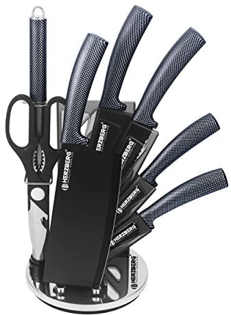 Herzberg Set Couteau Cuisine Professionnel - Couteaux Tranchant en Acier Inoxydable - Support en Acrylique - Poignée ergonomique - Set de couteaux avec support 8 pièces - Carbone HGMSN8-CAR