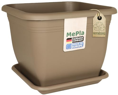 MePla Pot de fleurs carré 40 x 40 cm + soucoupe 34 x 34 cm, taupe, résistant aux intempéries, en plastique résistant aux UV