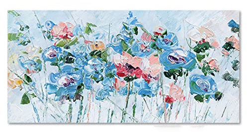 Tableau Decoration Murale Salon,Grand Abstrait Bleu Rose Fleur Buisson Plante Toile Mur Art Moderne 100% Peint À La Main Peintures À L'Huile Sur Toile Oeuvre Pour Salon Chambre Décorations Pour L