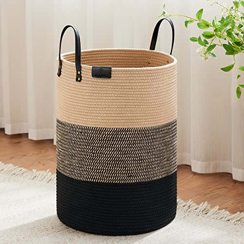 VIPOSCO Großer Wäschekorb, großer Wäschekorb mit Ledergriff, gewebter Seil-Aufbewahrungskorb für Decke, Spielzeug im Wohnzimmer, Badezimmer, Schlafzimmer – 72 l, Braun & Schwarz