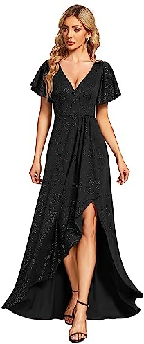 Ever-Pretty Robe de Soirée Femme Longue Col V Manches Courtes Fendue Asymétrique A Line Chic Bordeaux 38